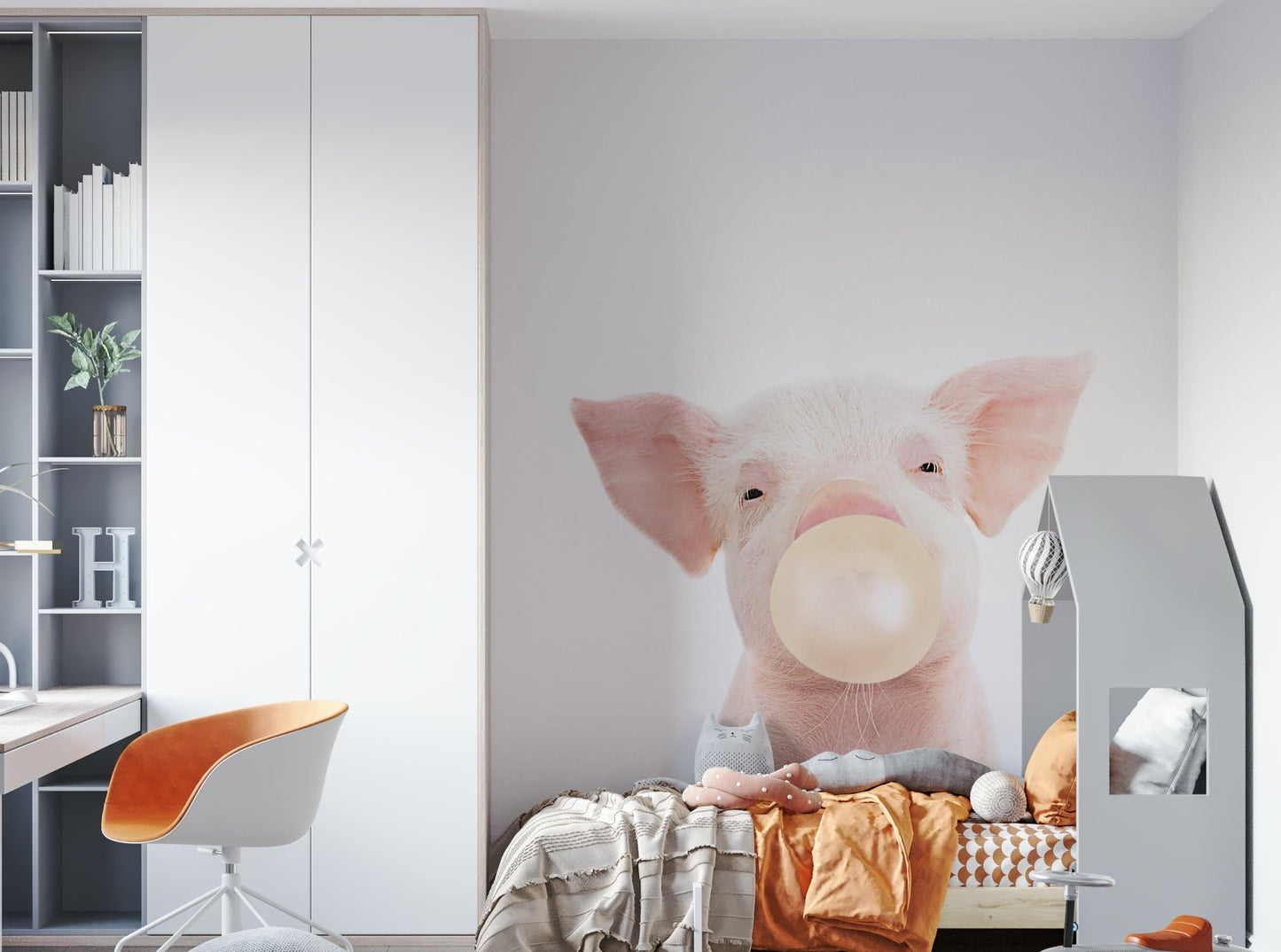 Whimsical piglet mural with bubble gum bubble in pink tones

