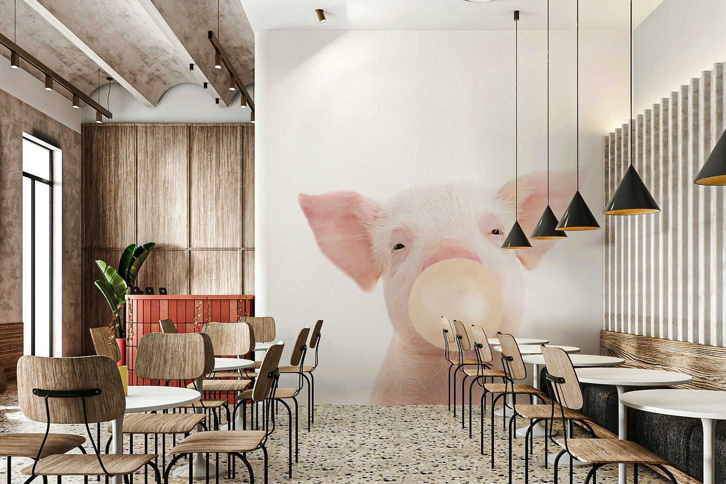 Cute piglet mural with bubble gum and soft pastel colors

