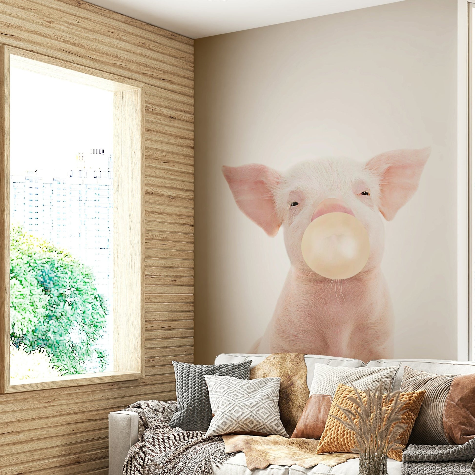 Adorable piglet wall mural with pastel background and bubble gum

