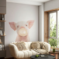 Lighthearted bubble gum piglet mural for kids’ rooms

