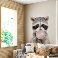Cartoon-style bubble gum raccoon mural for a lively room.