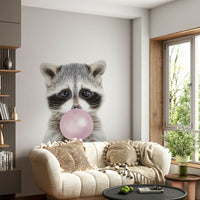 Adorable raccoon blowing bubble gum on wall mural