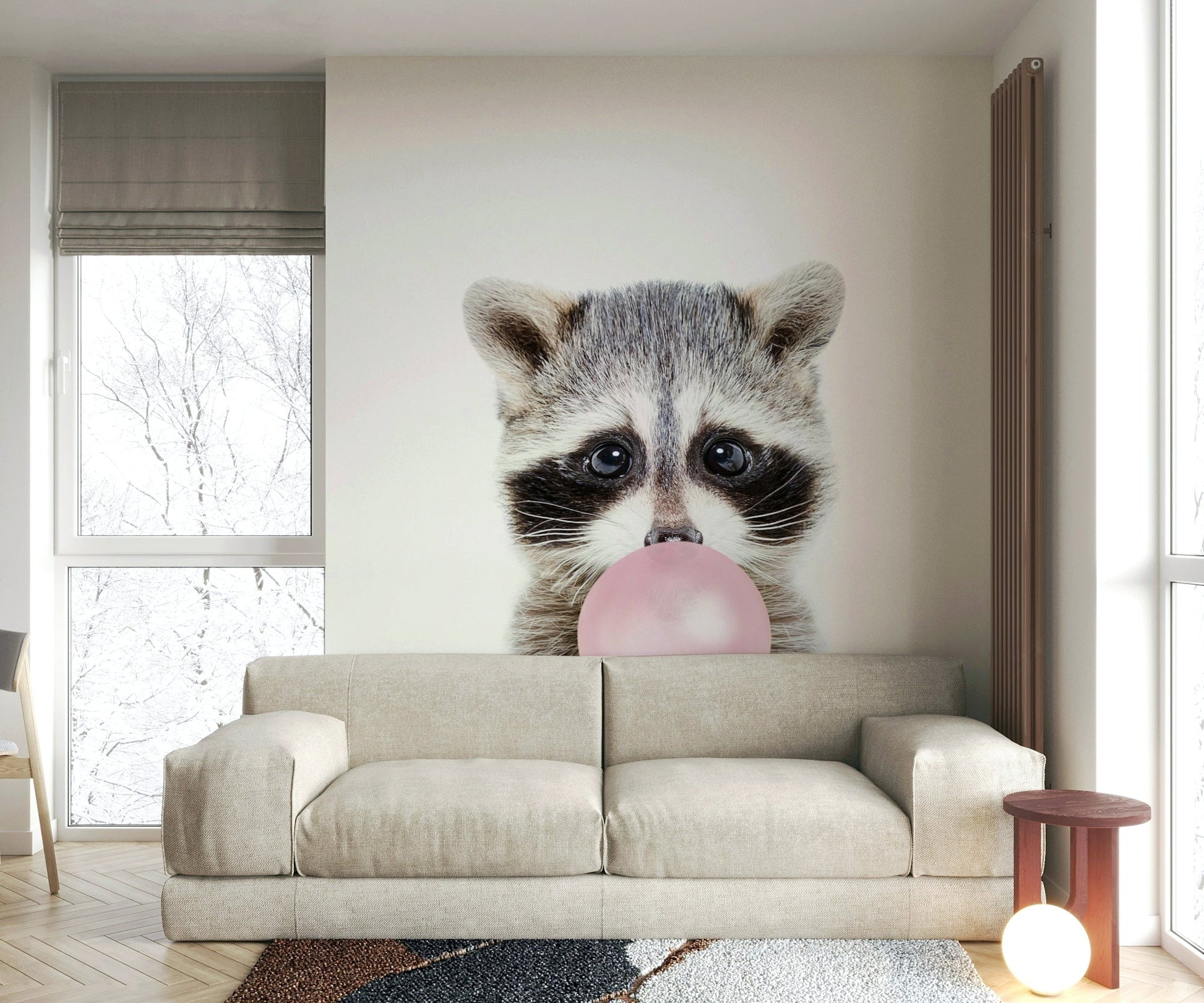 Fun and colorful raccoon mural with bubble gum twist for decor.

