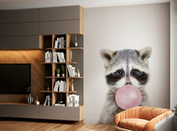 Whimsical bubble gum raccoon mural for creating a joyful atmosphere.

