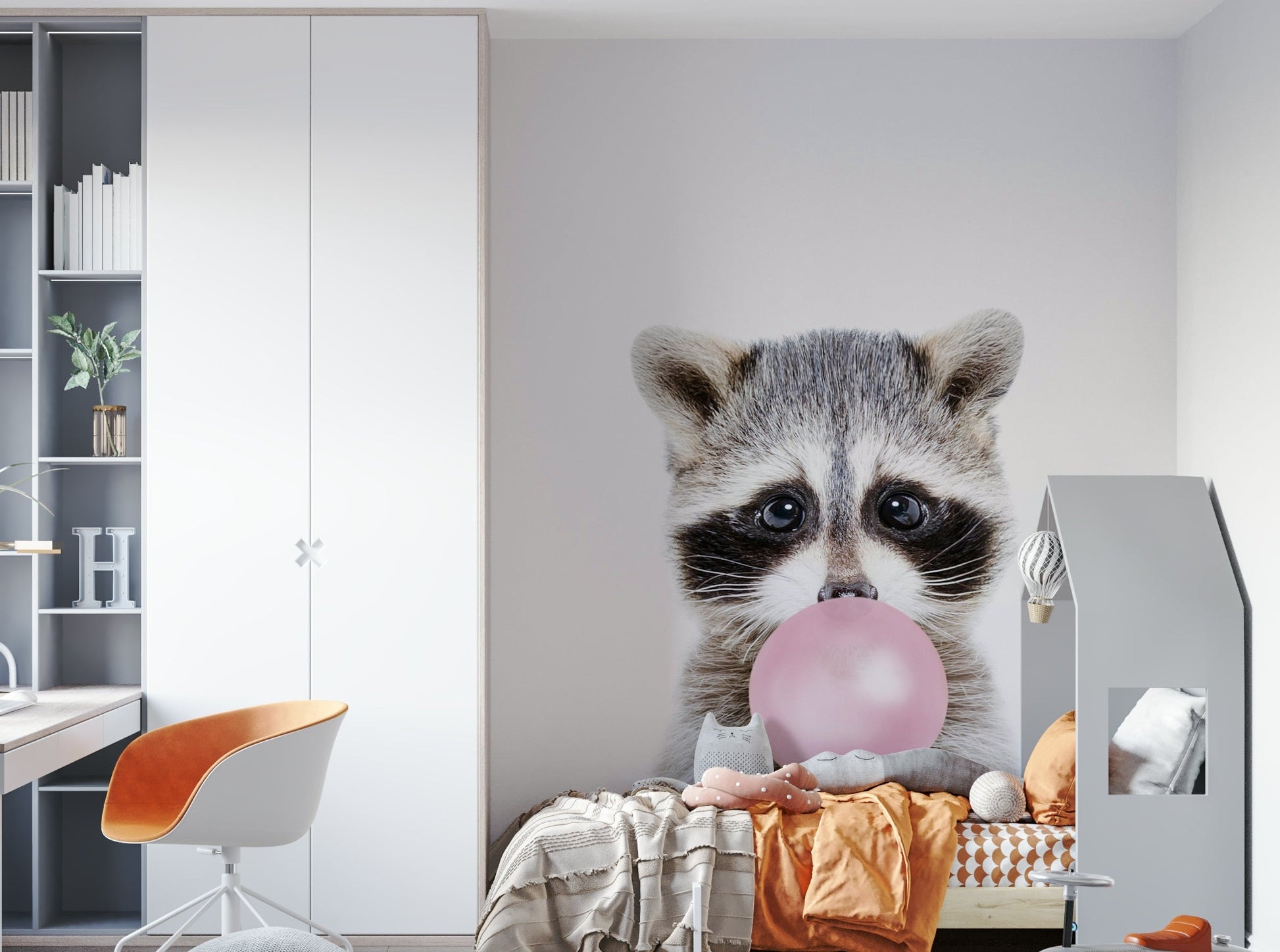 Fun raccoon mural with bubble gum for adding charm to kids' rooms.

