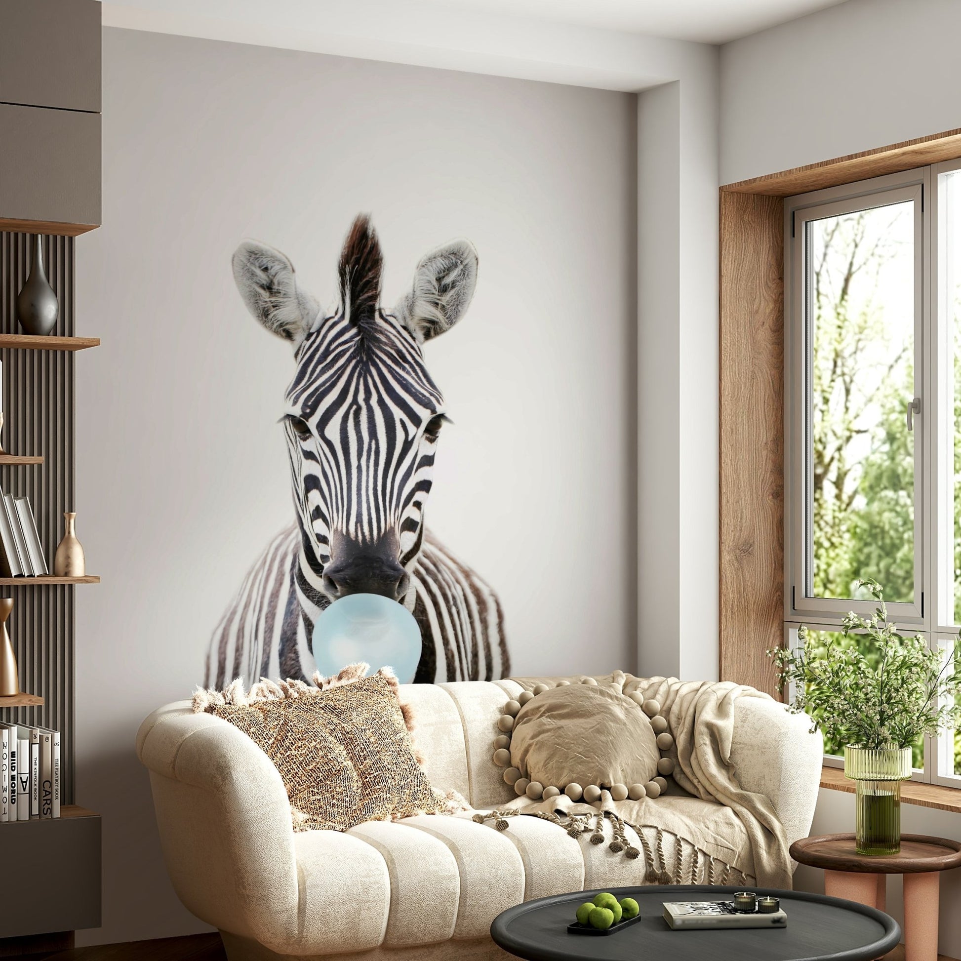 Bold and playful zebra wall mural with bubble gum twist.


