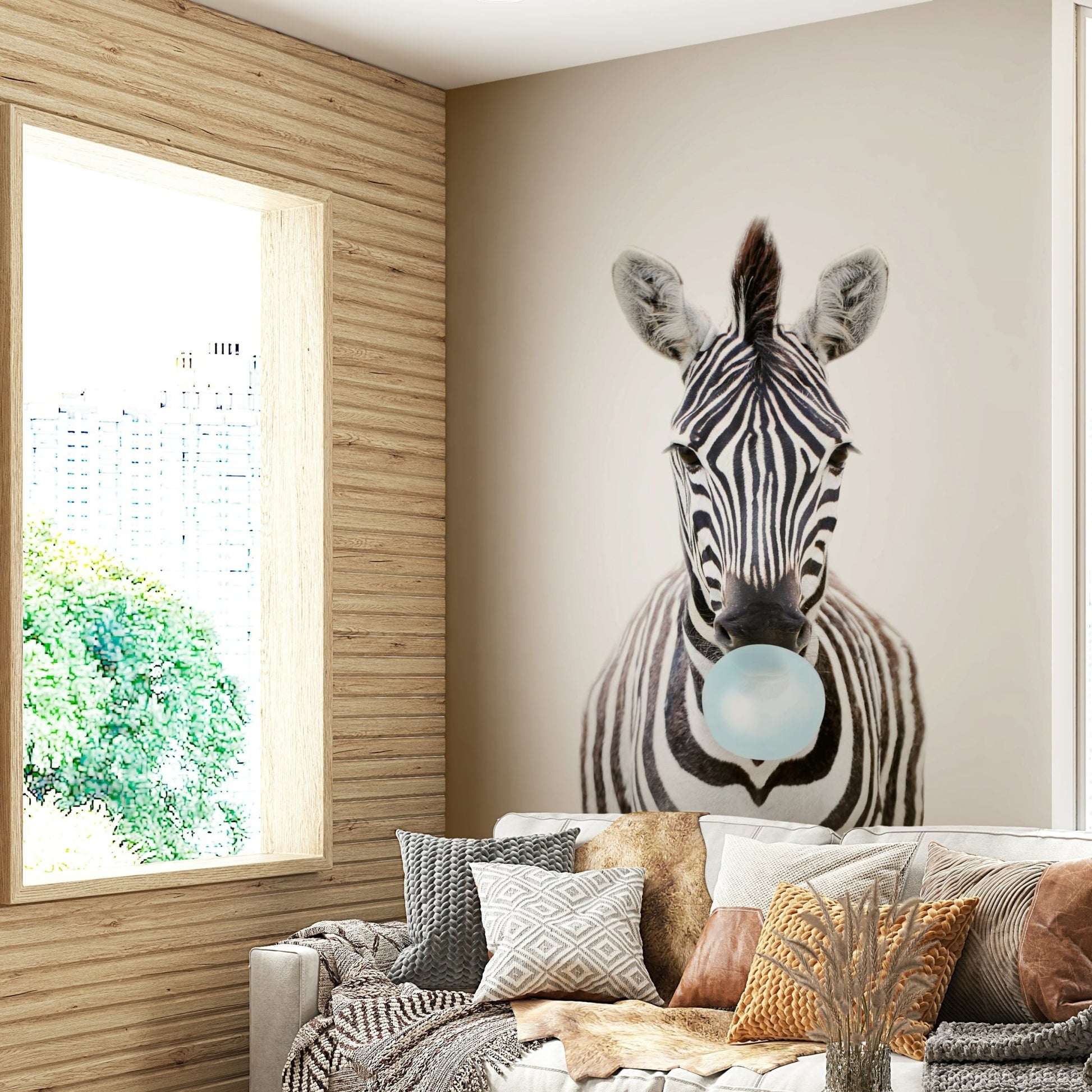 Bubble Gum Zebra Wall Mural with vibrant colors and fun design.


