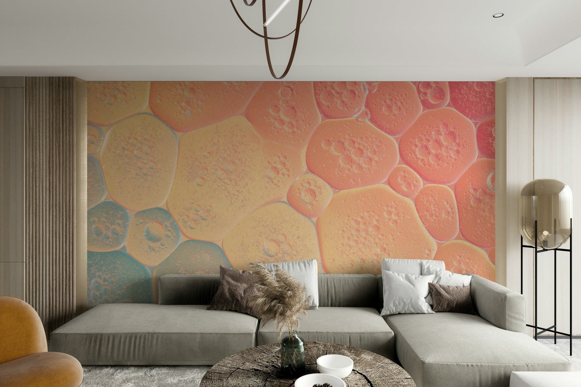 Abstract wall mural with colourful bubbly texture.

