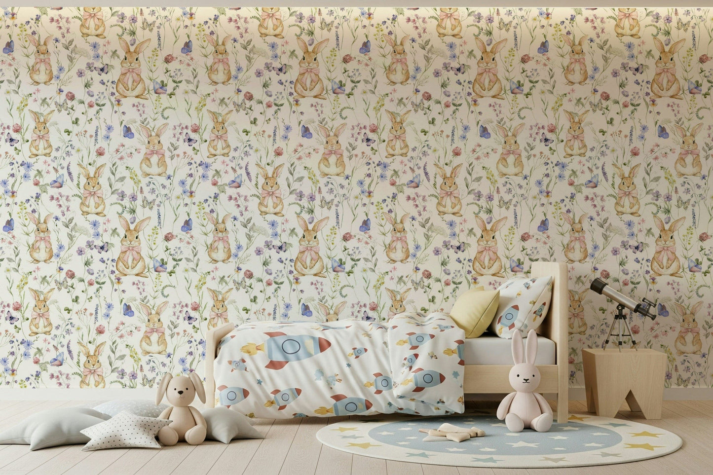 Nursery-friendly Floral Bunny Bliss mural, adorable rabbits among florals.