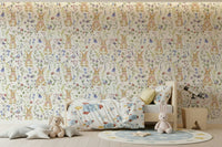 Nursery-friendly Floral Bunny Bliss mural, adorable rabbits among florals.