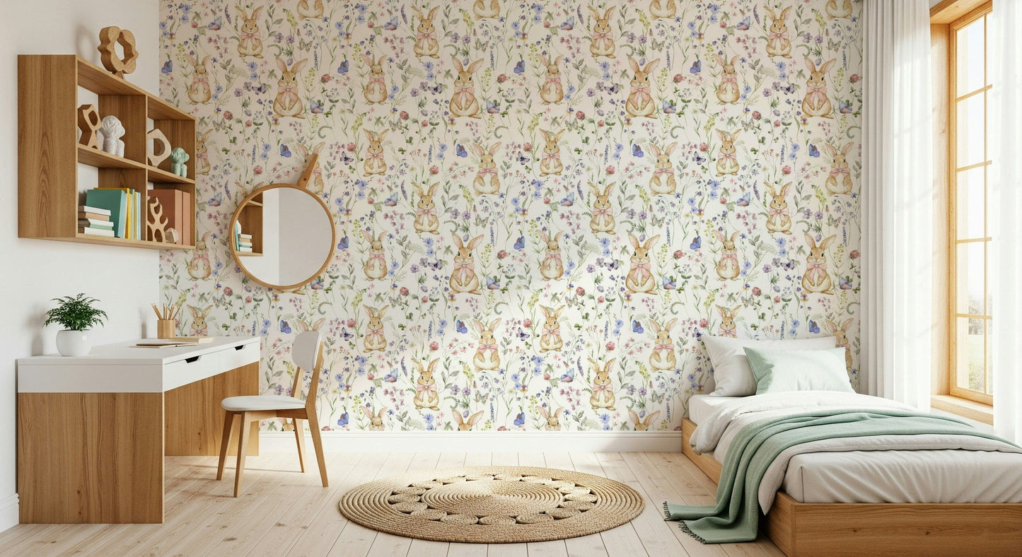 Illustrative Floral Bunny Bliss wallpaper for walls, lovely woodland creatures.