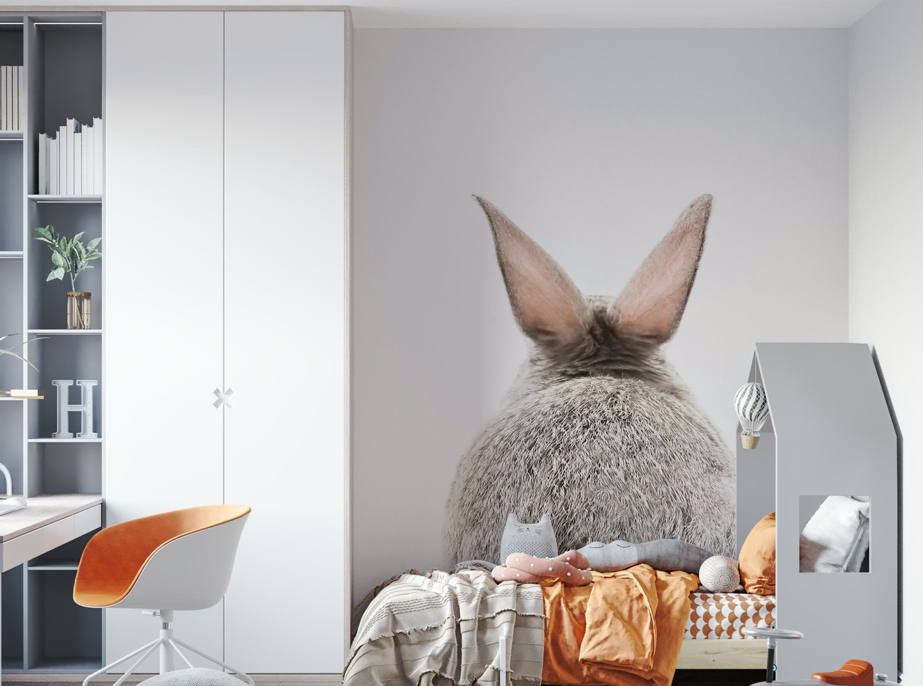 Cute bunny tails mural creating a light and charming atmosphere.

