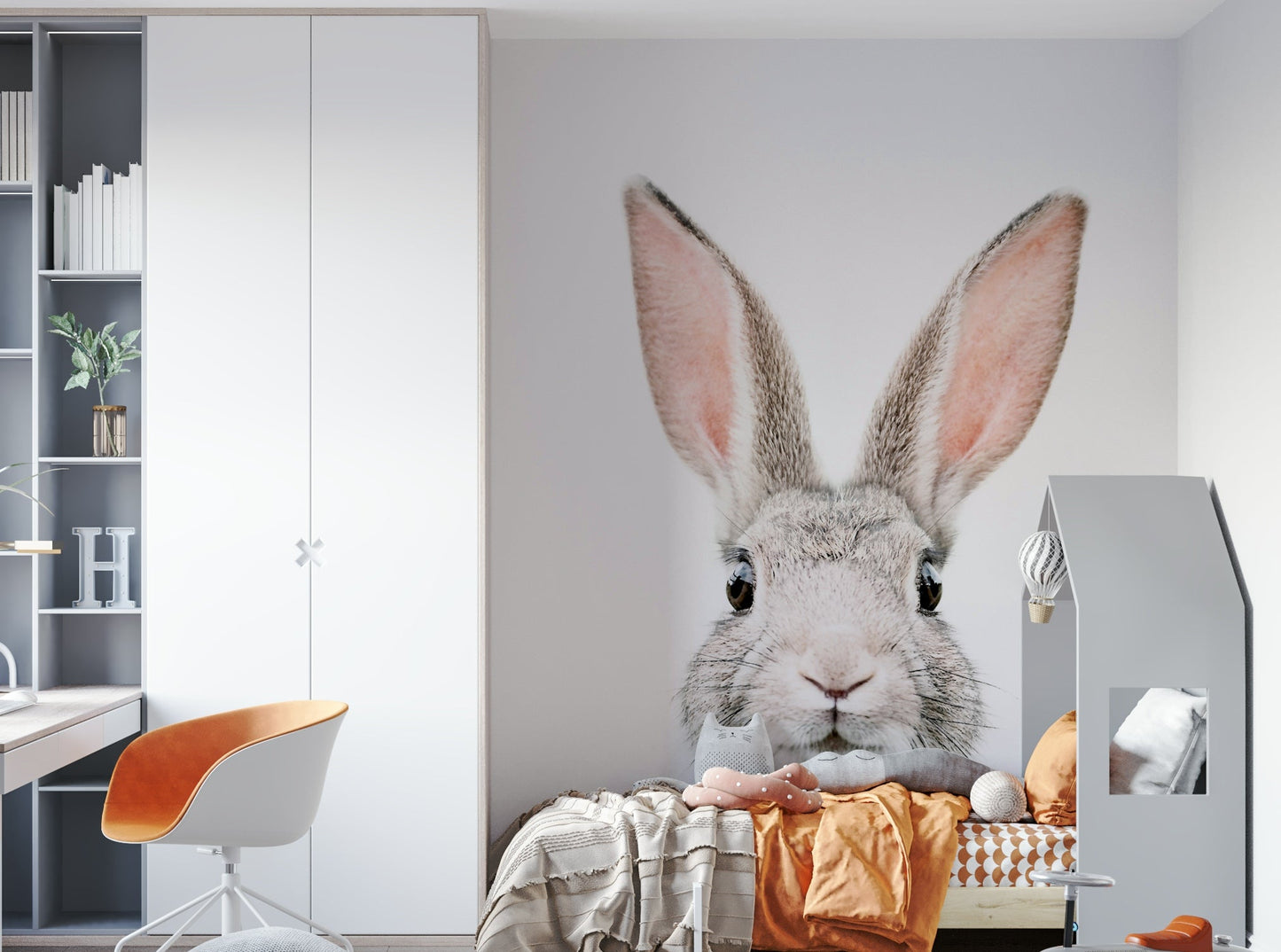 Gentle bunny wall mural creating a peaceful, joyful vibe.

