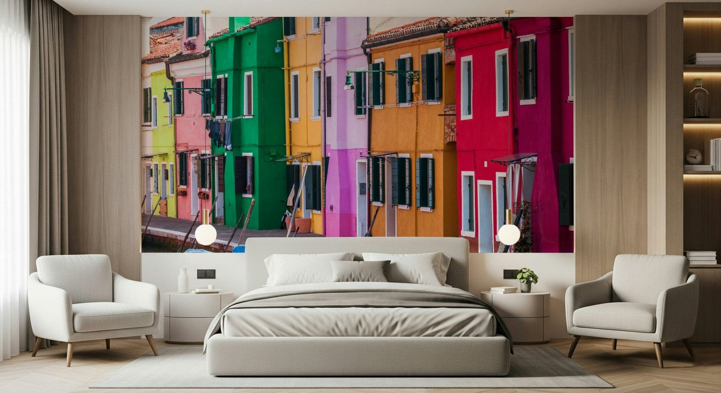 Burano Colors wallpaper vibrant green yellow pink buildings.