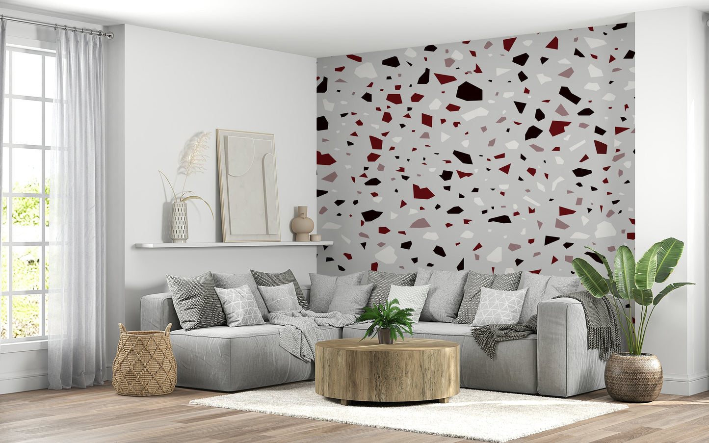 A peaceful modern abstract mural on decorative wallpaper.