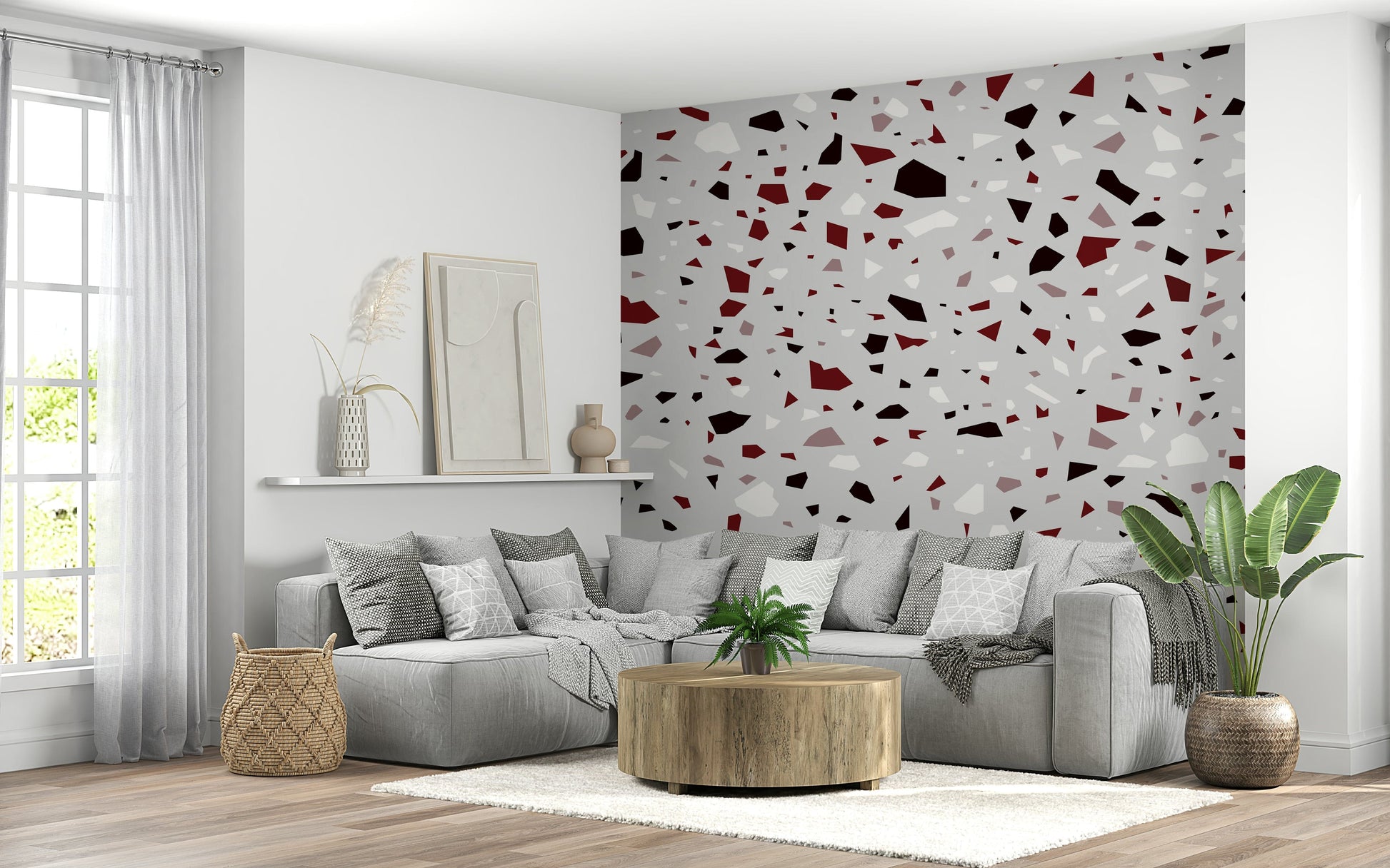 A peaceful modern abstract mural on decorative wallpaper.