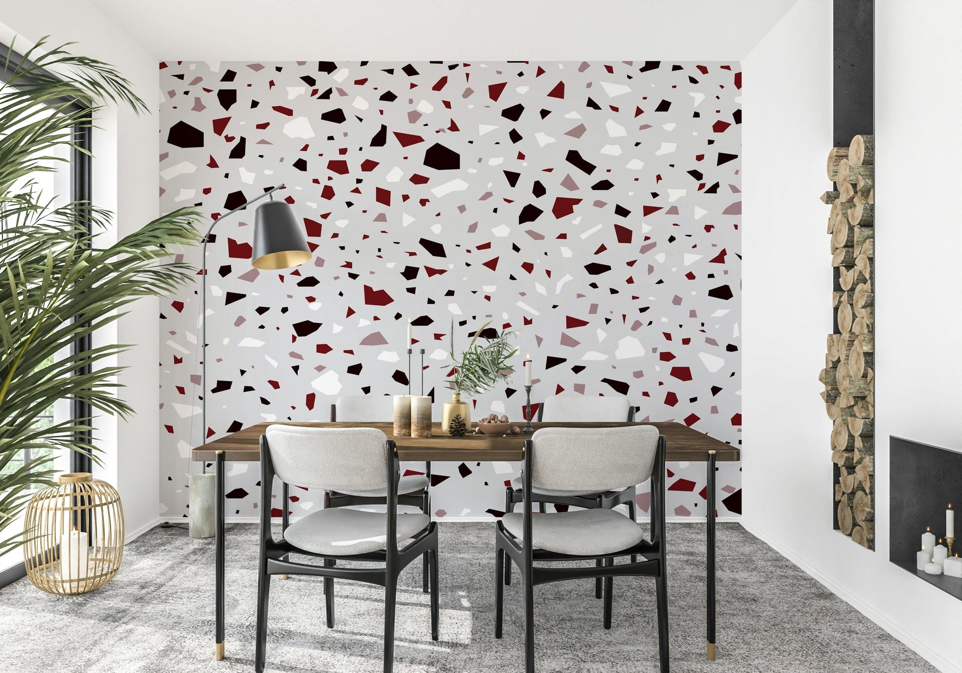 An artistic shattered glass mural on minimalist wallpaper.