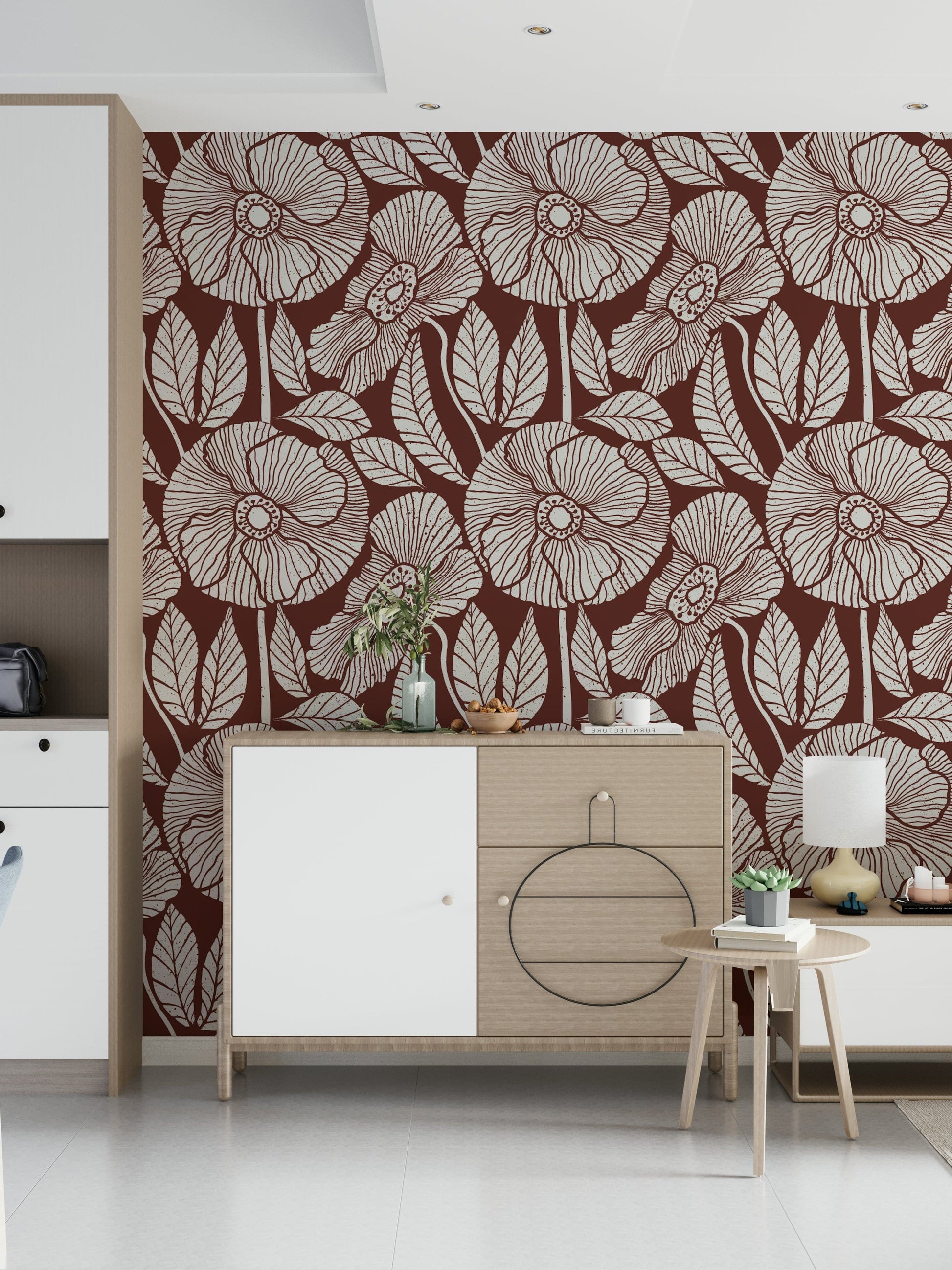 Feature wall mural, charming plant design, neutral terracotta background, bold look.
