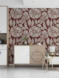 Feature wall mural, charming plant design, neutral terracotta background, bold look.
