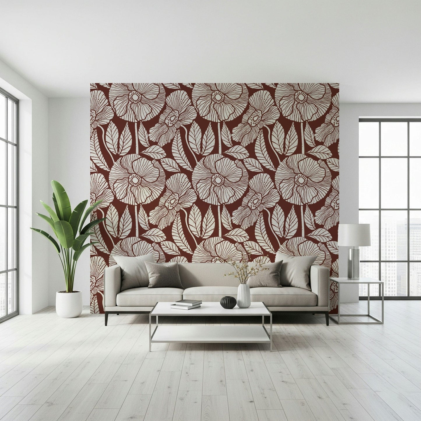 Dark red and off-white print, modern retro wallpaper, distinctive texture.