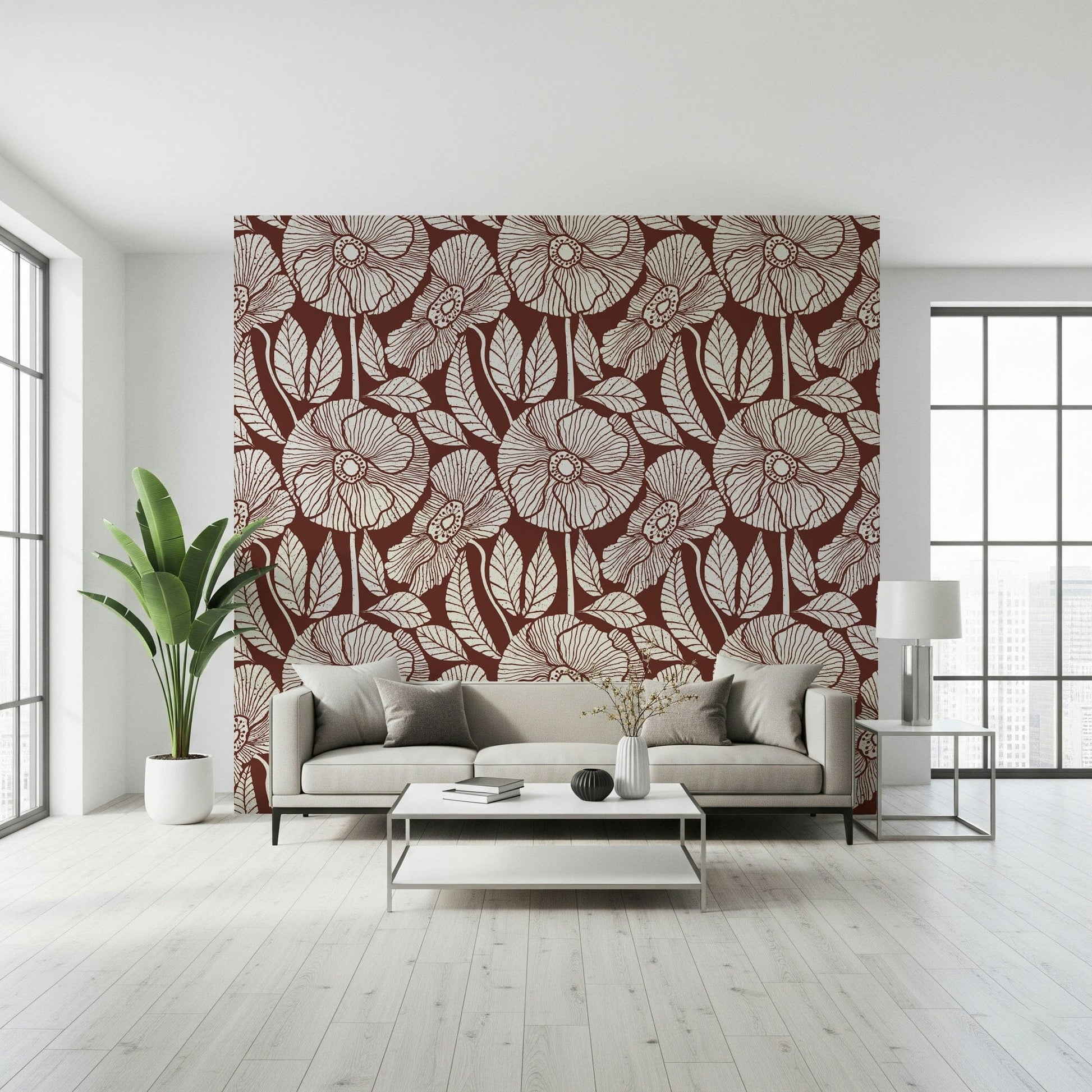Dark red and off-white print, modern retro wallpaper, distinctive texture.