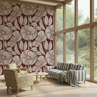 Poppy Floral Modern design, rustic cream bloom on deep burgundy surface.