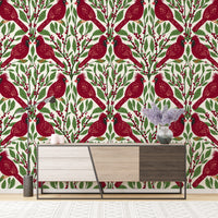 Sophisticated burgundy red cardinals mural for timeless interiors.
