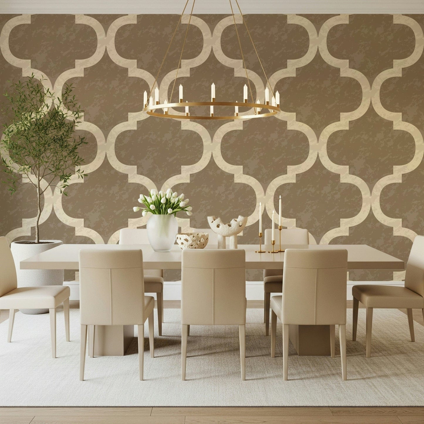 Statement Moroccan ogee wallpaper in warm tan and ivory