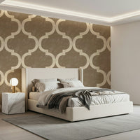 Vintage-style Moroccan ogee wallpaper in warm metallic tones