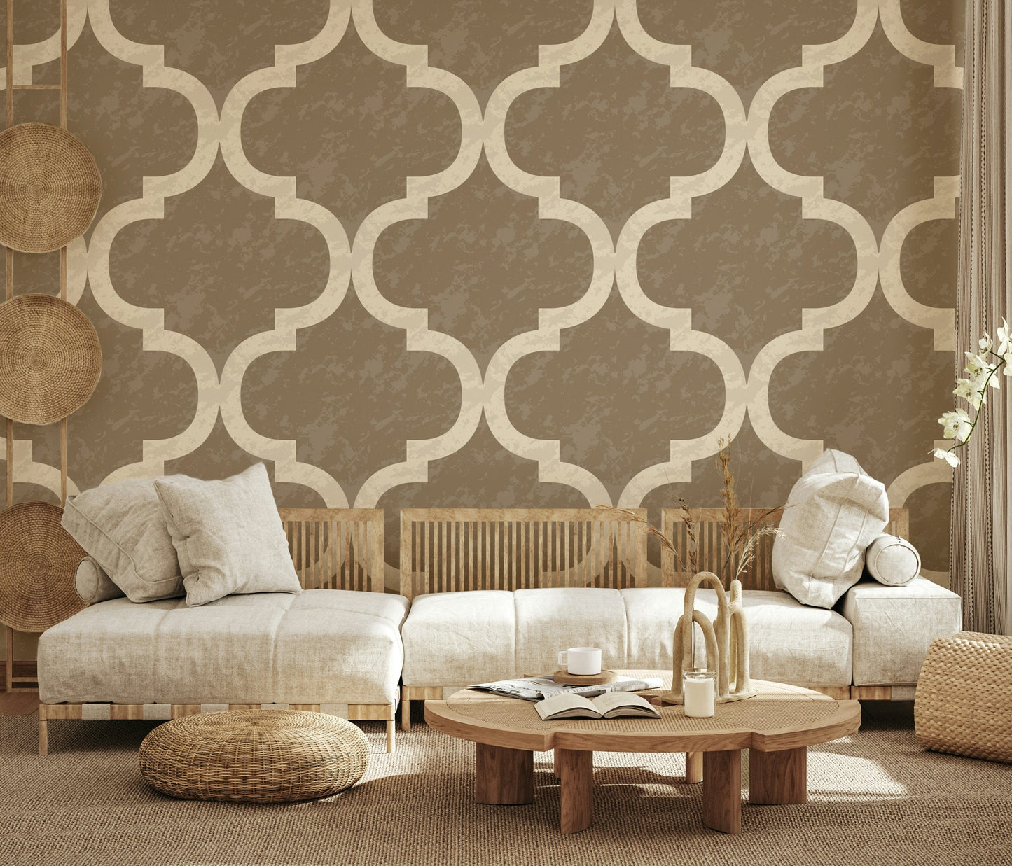 Burnished brass geometric wallpaper with Moroccan lattice design