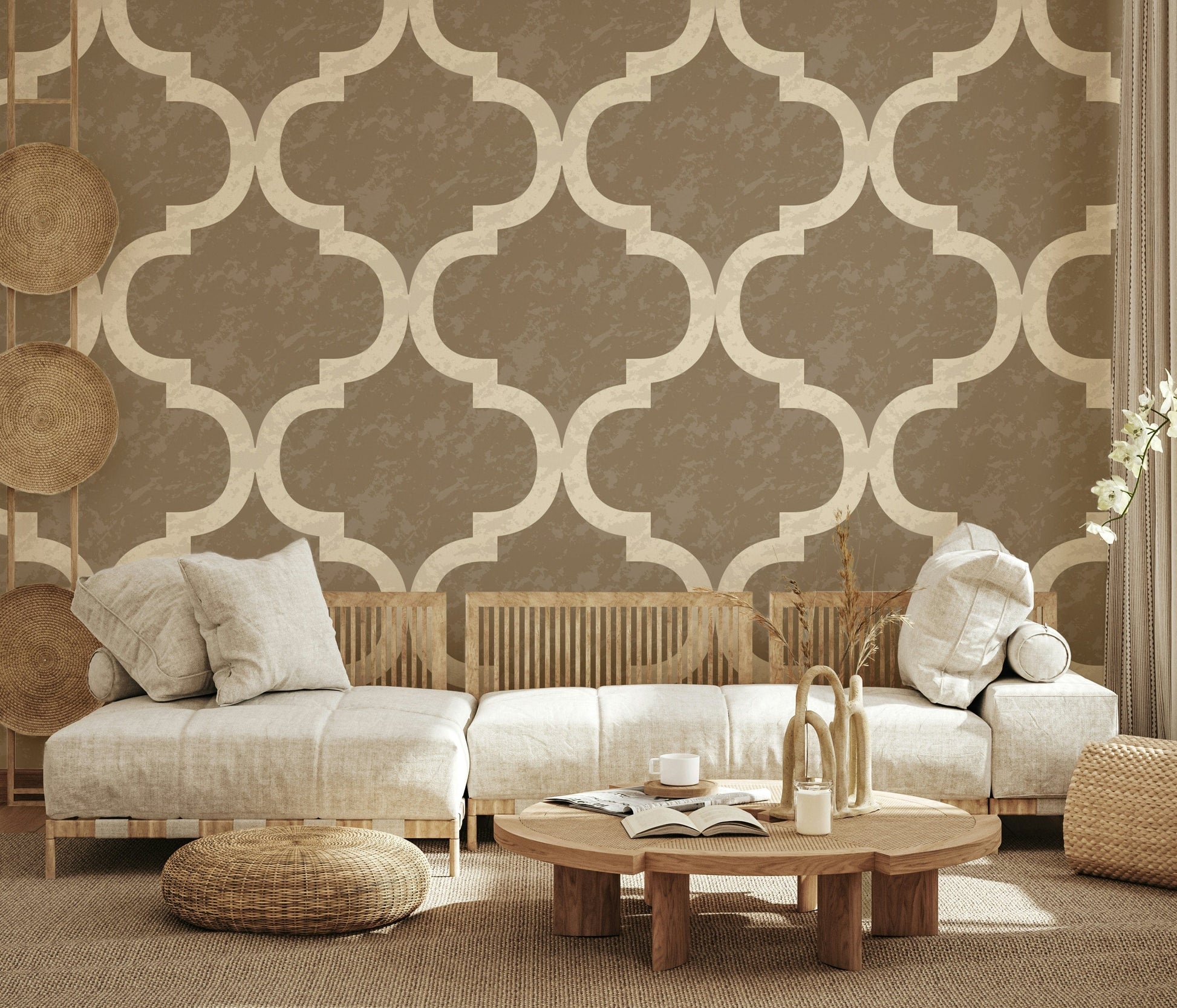 Burnished brass geometric wallpaper with Moroccan lattice design