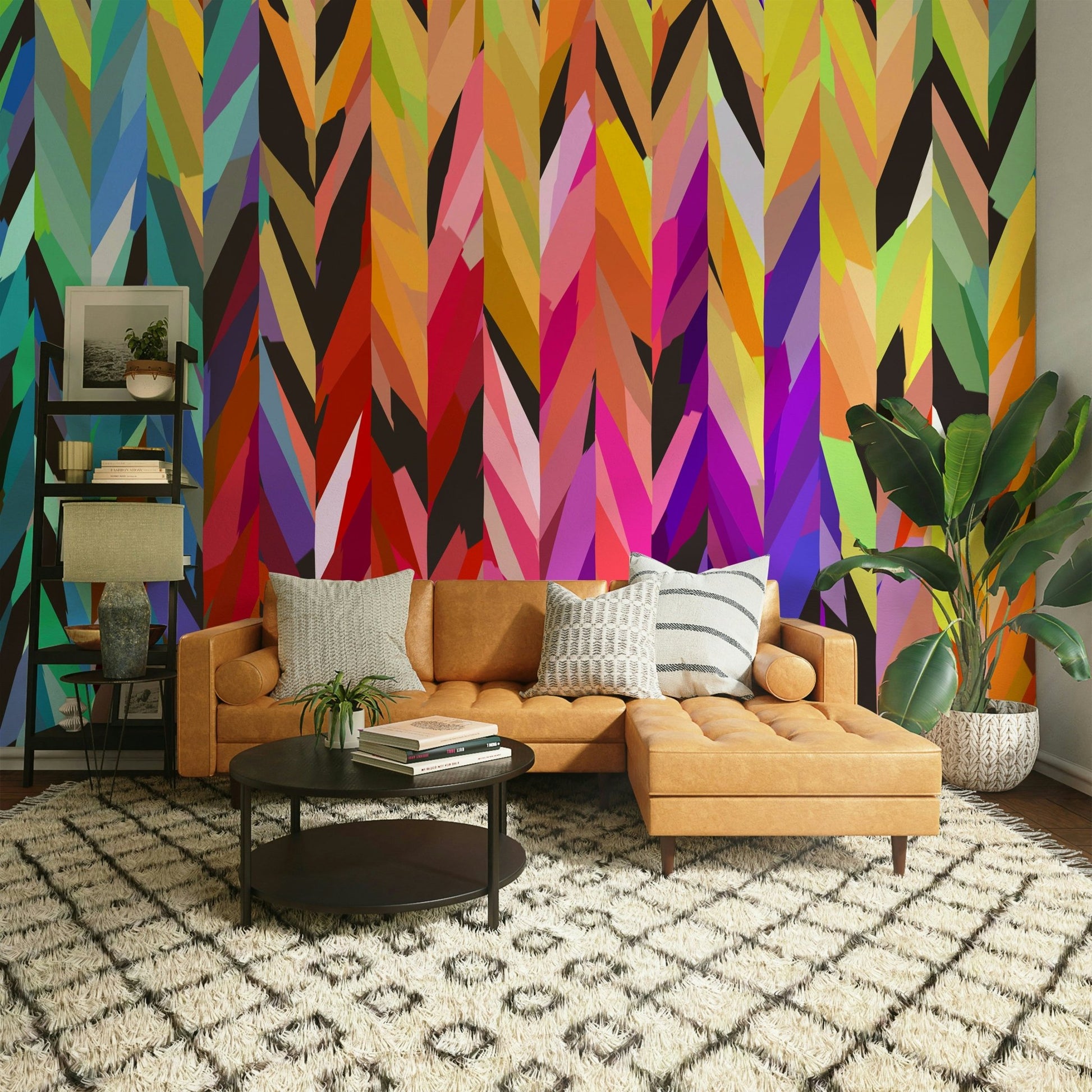 Paint stroke wall mural with energetic layering

