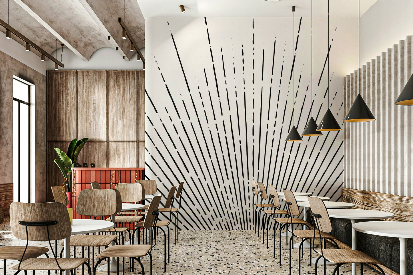 Radiating lines sunburst wall design

