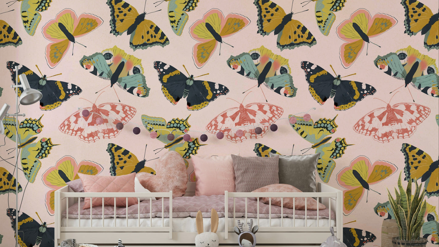 Wall mural with butterflies and blooming petals

