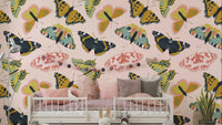 Wall mural with butterflies and blooming petals

