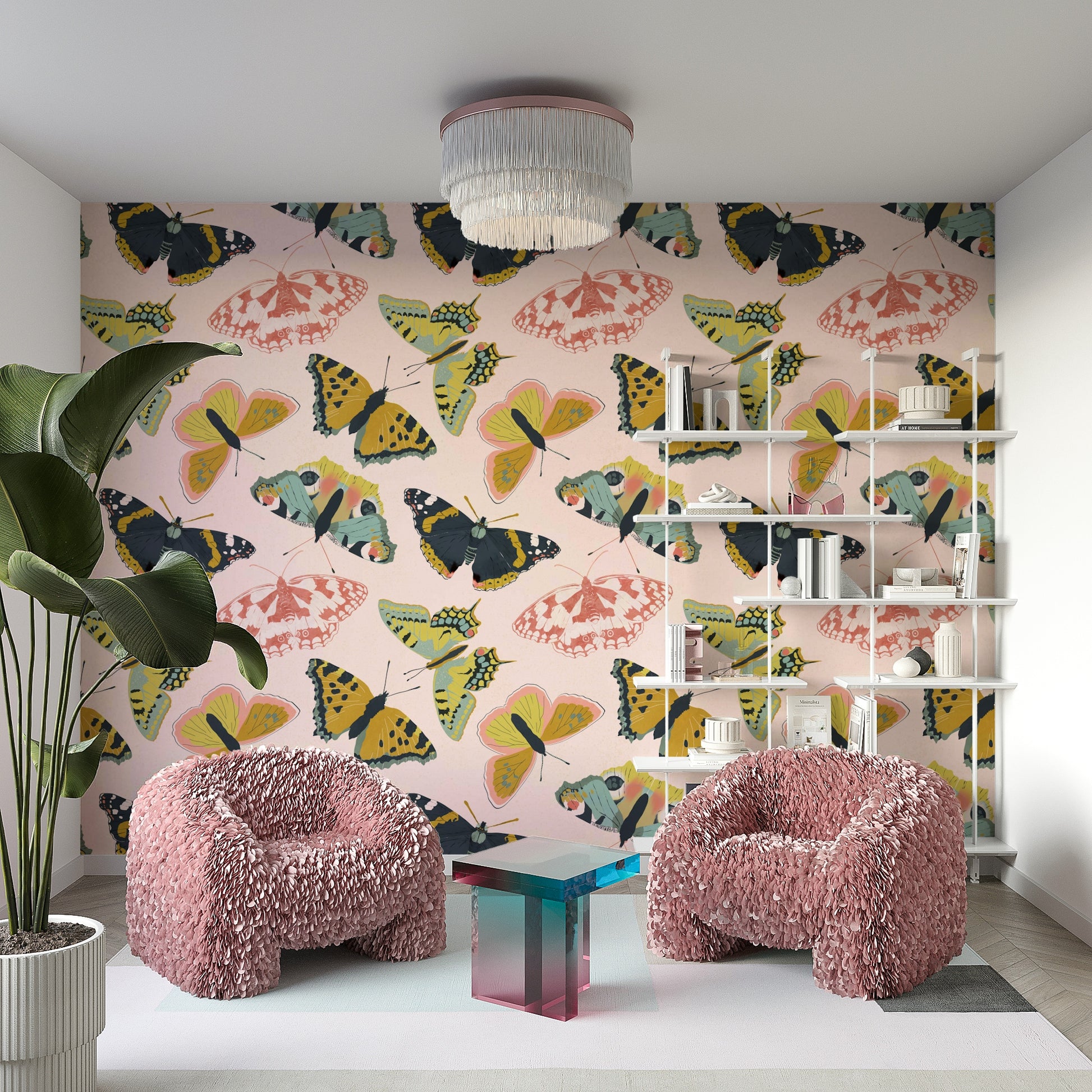 Nursery decorated with butterfly and flower wallpaper

