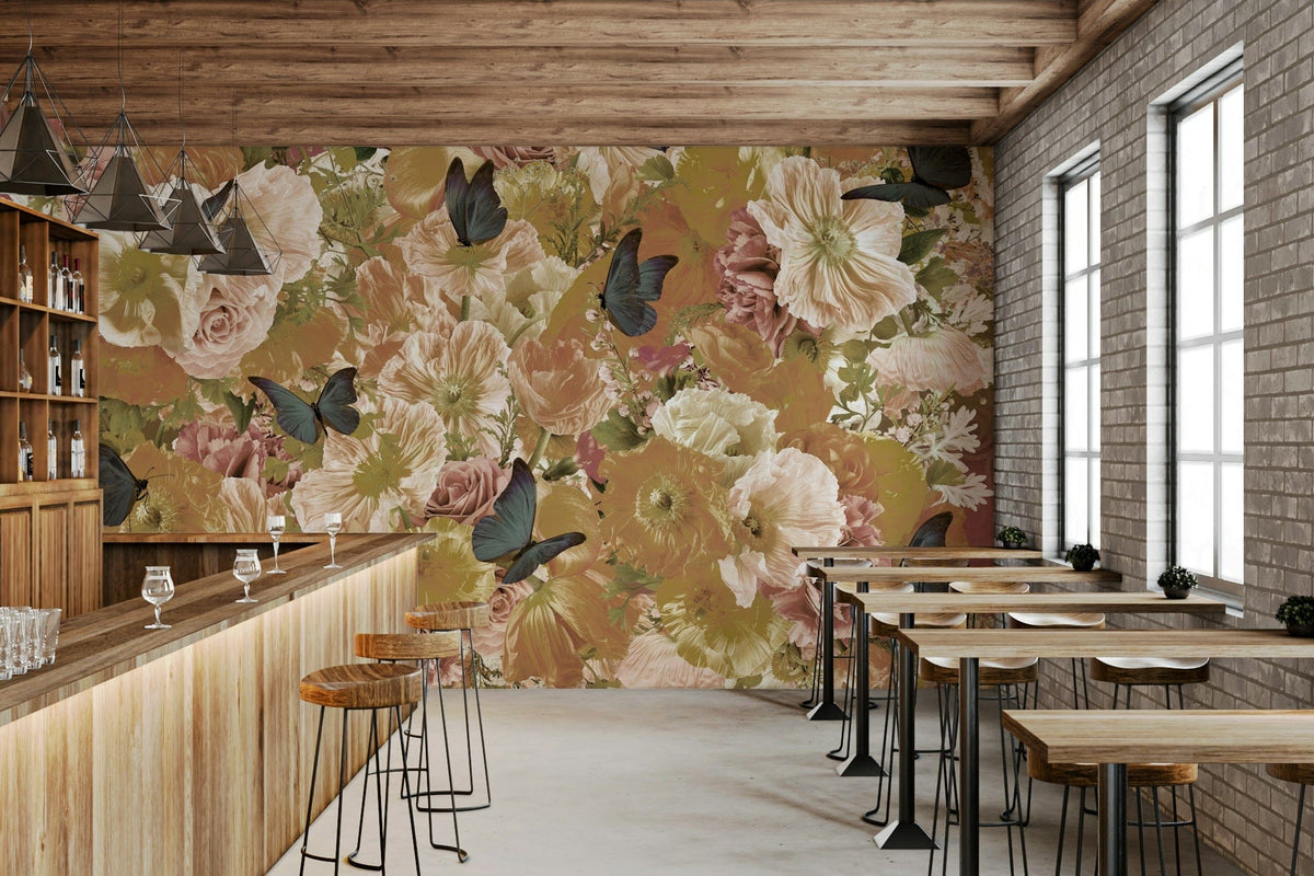 Butterfly Garden Bloom wallpaper mural of vintage roses and blue butterflies along a wood bar counter and stools in a cafe