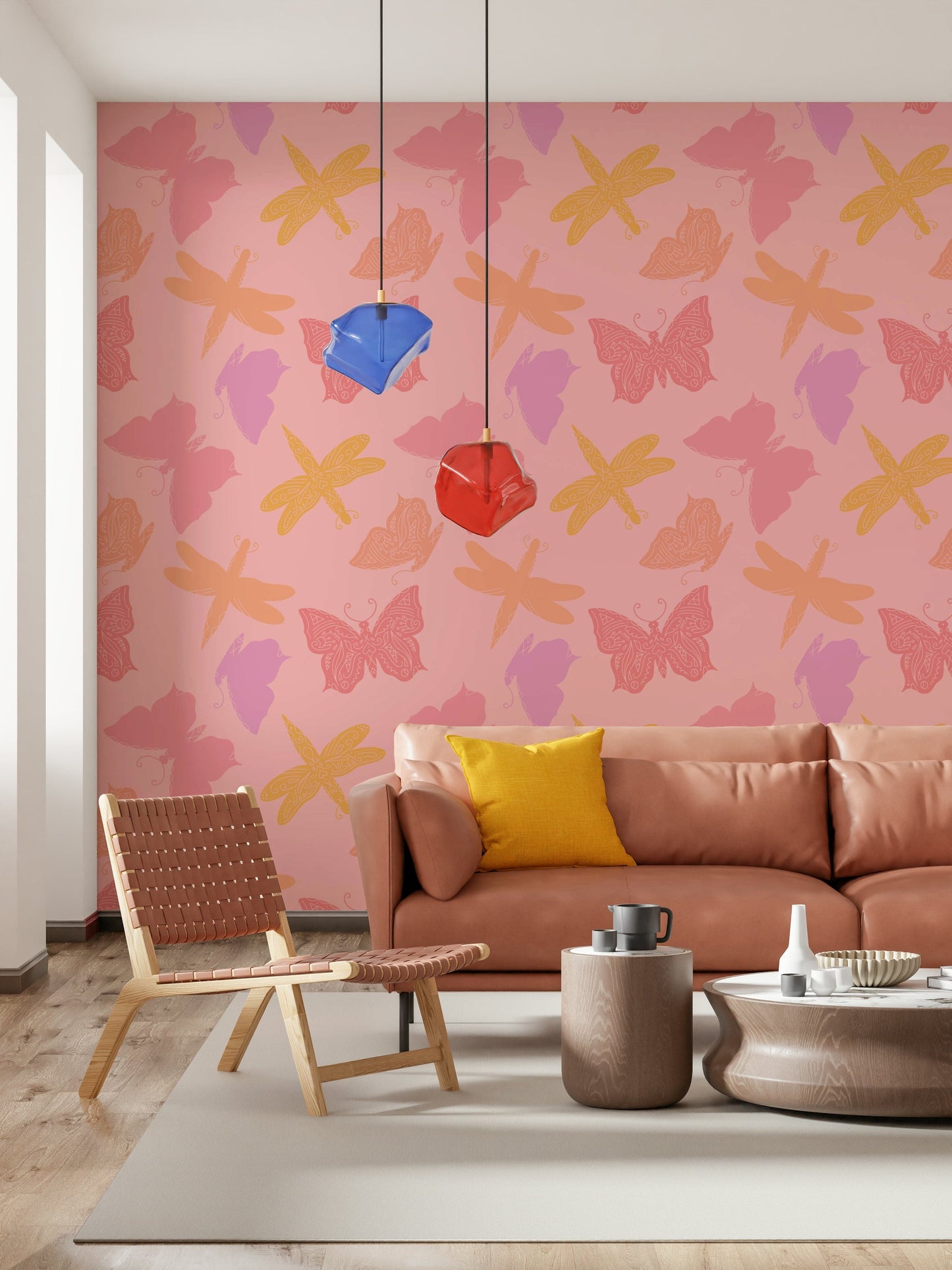 Soft pink wallpaper featuring playful butterflies and dragonflies in varied pastel colors.