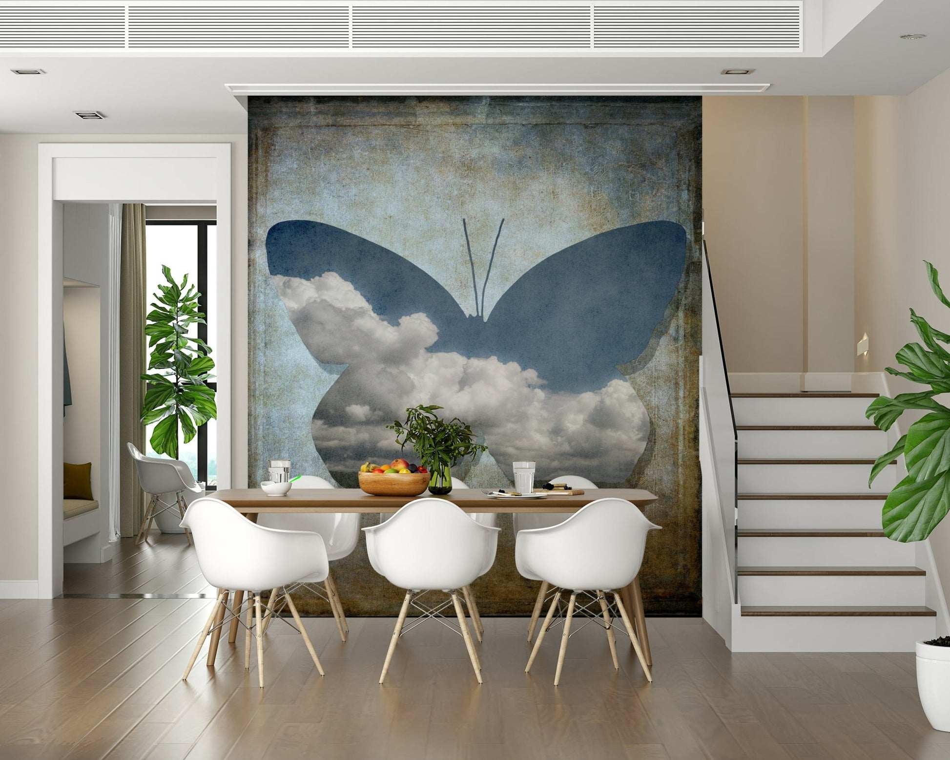 Nature's Window Wallpaper Cloudscape inside butterfly shape wall covering.