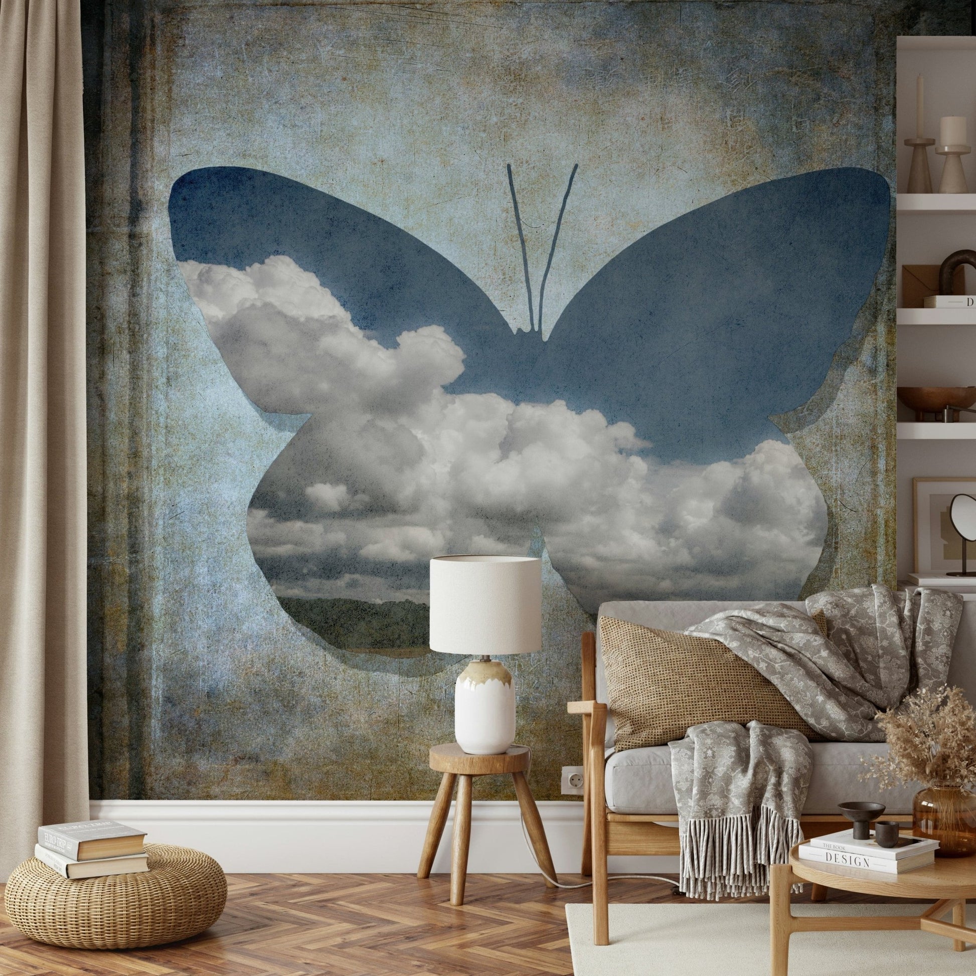 Vintage Butterfly Wallpaper Cloudy sky scenic view inside abstract form.
