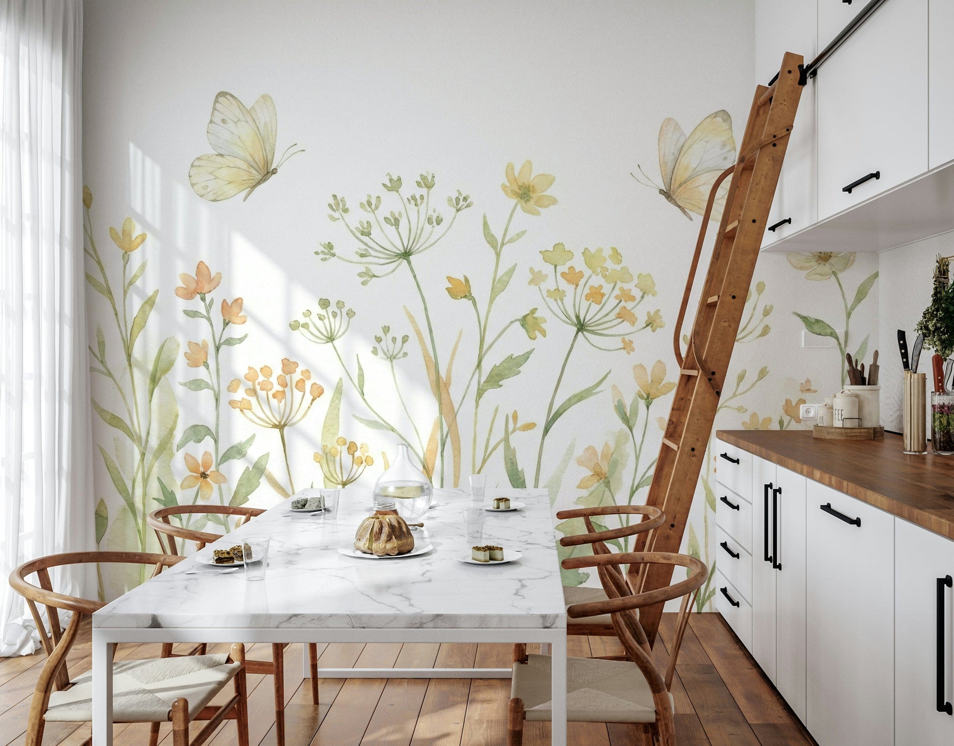 Elegant insect and floral motifs for a sophisticated home office setup.