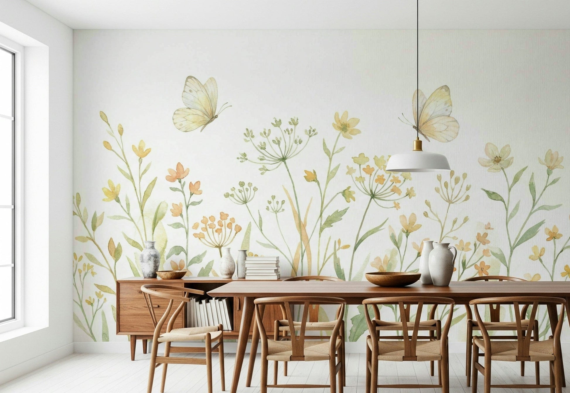 Butterfly Meadow Wall Mural styled with wooden furniture in a modern flat.