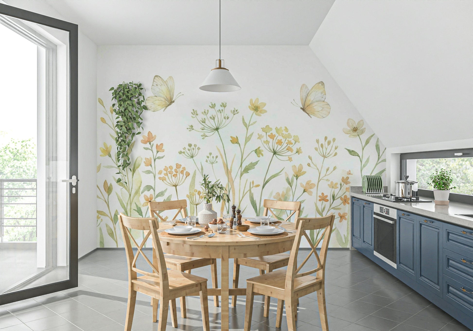 Butterfly Meadow design used as a feature wall in a contemporary lounge.