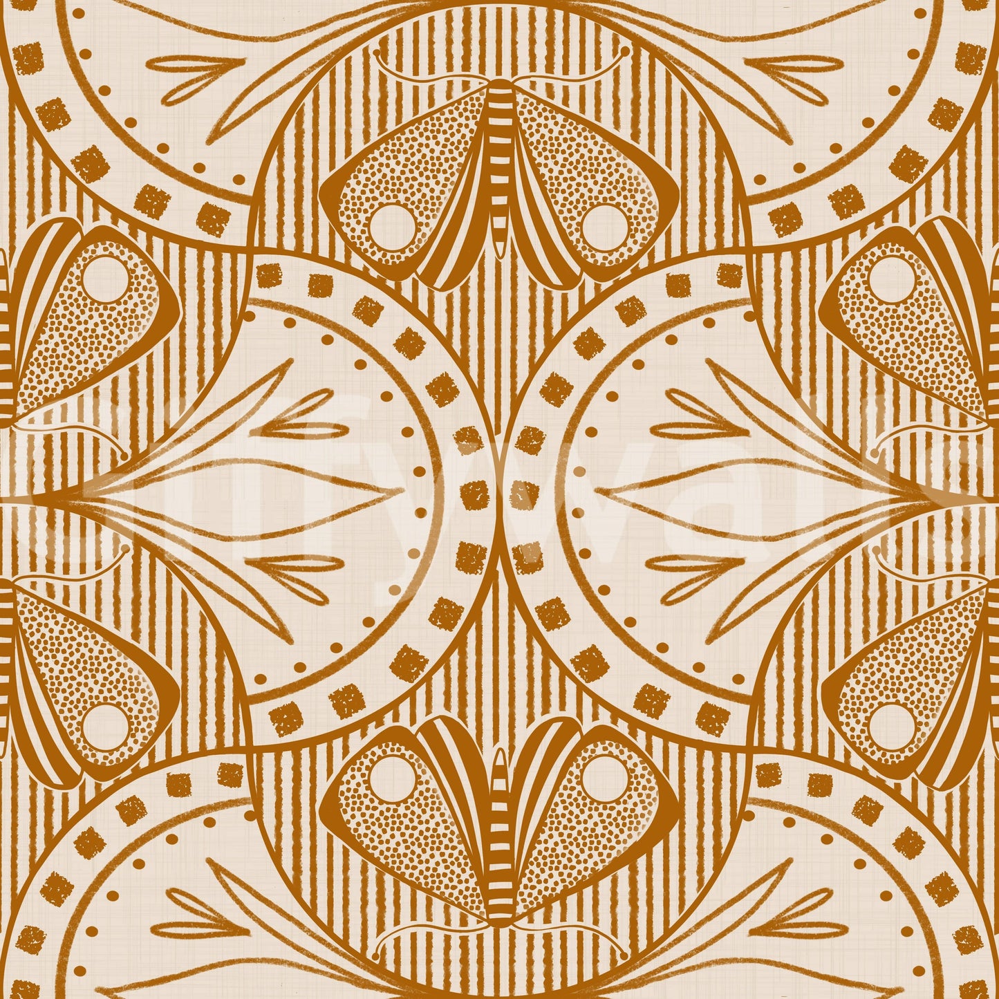 Orange Art Nouveau Butterfly Floral repeating pattern rich colors.