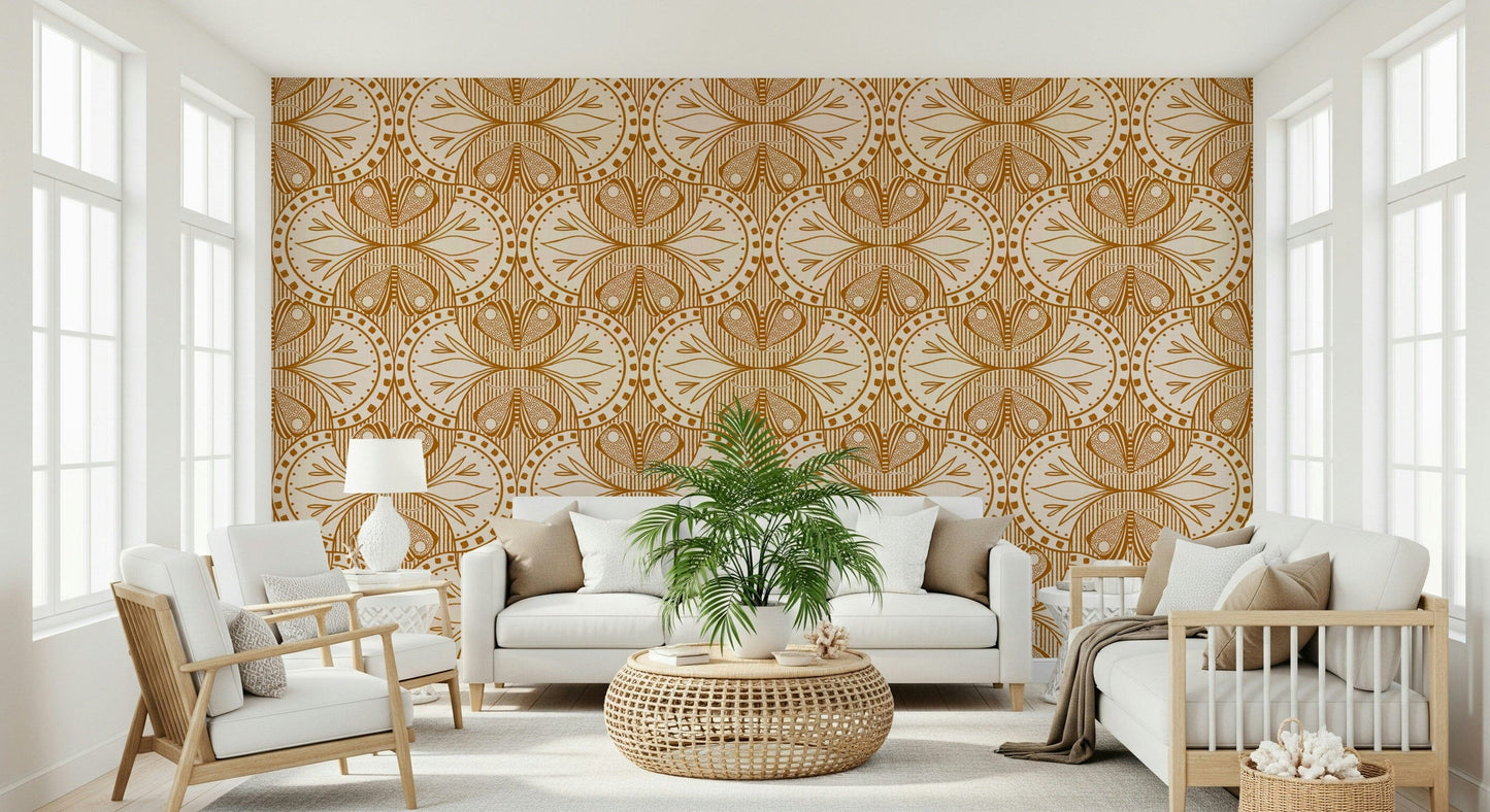 Orange Butterfly Floral wallpaper vintage style symmetrical wall covering.