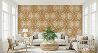Orange Butterfly Floral wallpaper vintage style symmetrical wall covering.