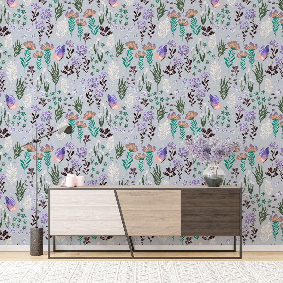 Butterfly Meadow Purple Wallpaper - Botanical Beauty Style