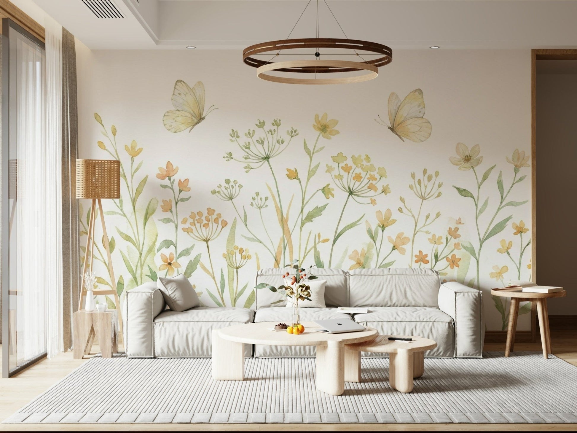 Delicate hand-painted style butterfly wallpaper for a cozy master bedroom.