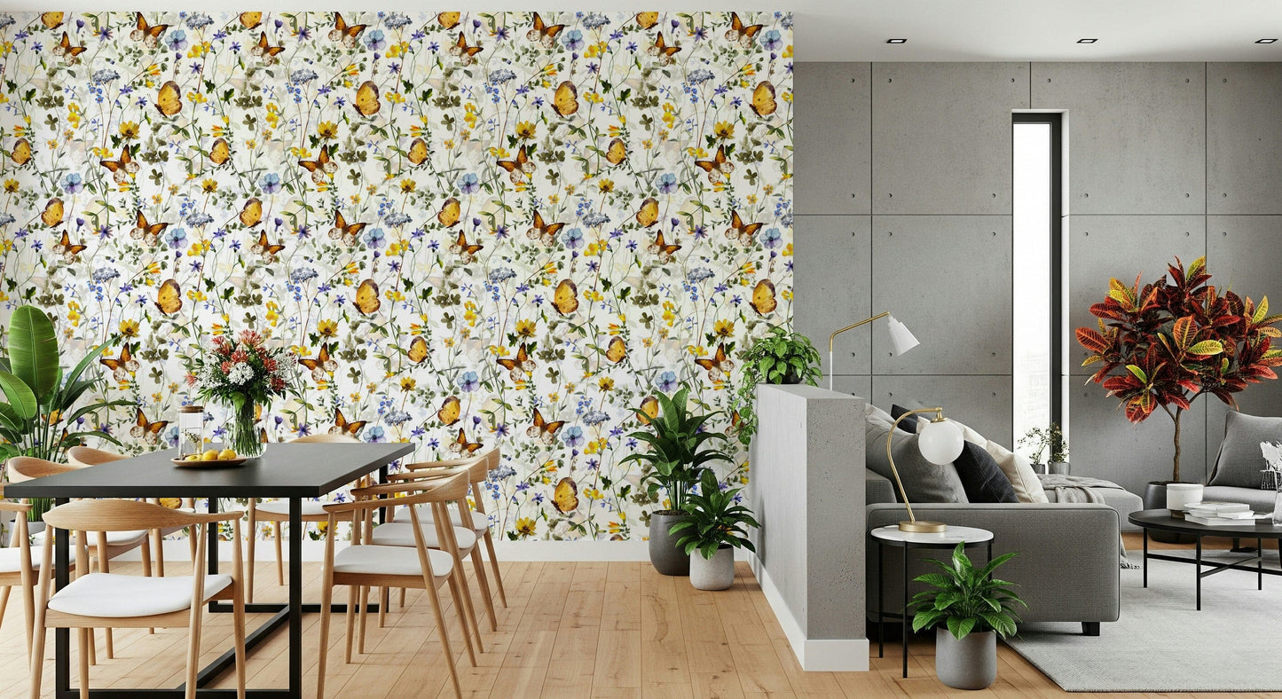 Wallpaper for walls Yellow Butterfly Meadow botanical pattern