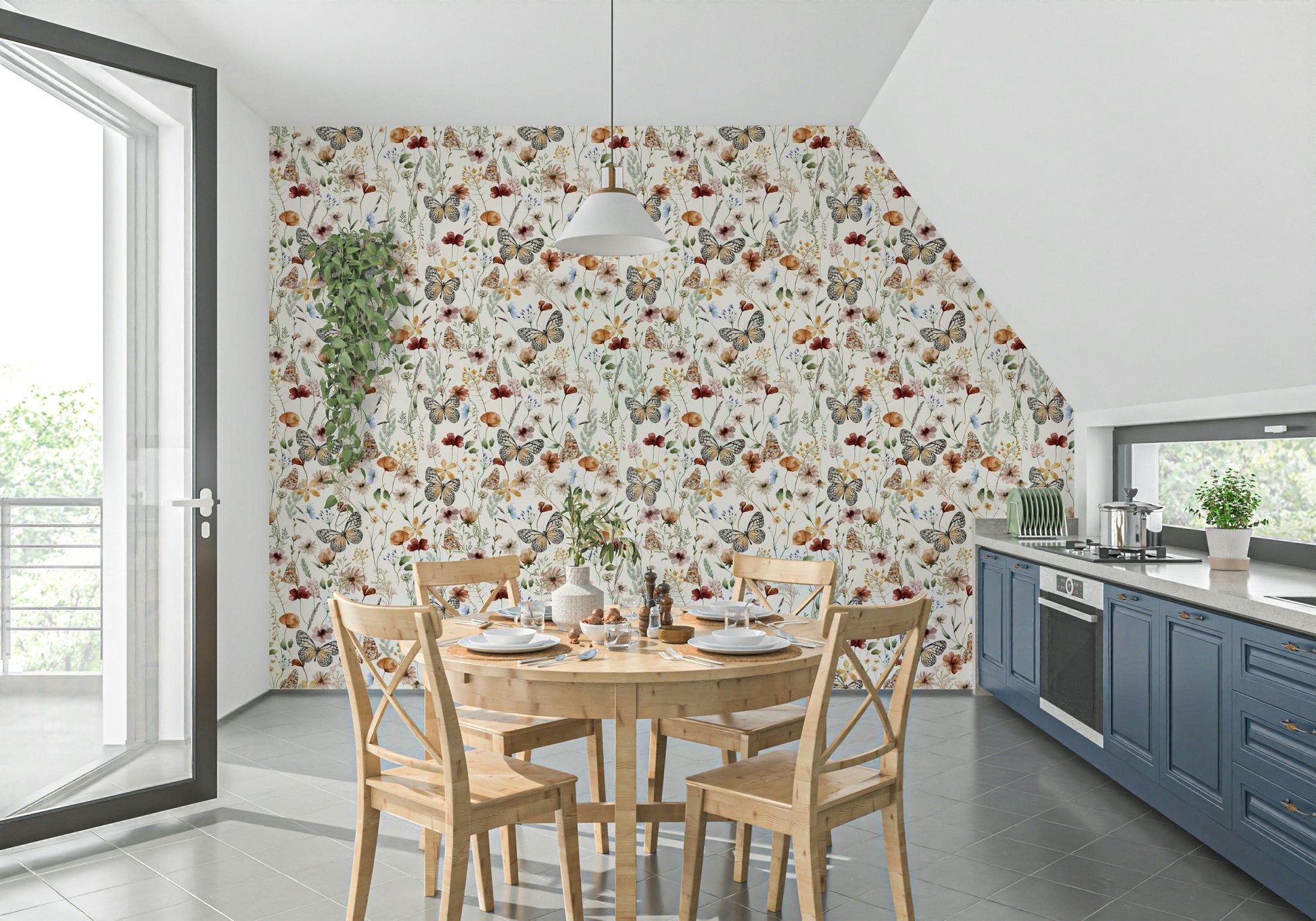 Meadow Butterflies removable wallpaper, elegant insect motif.